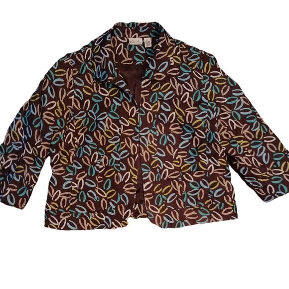 Kim Rogers Jackets & Blazers - Linen open front jacket sz L petite brown blue Kim Rogers coastal grandma